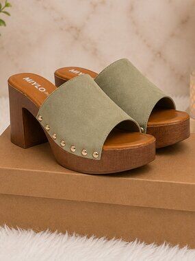 Women's Sage Green Studded Platform Mule Heels